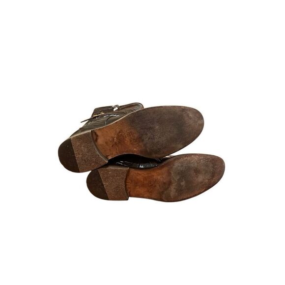 Jimmy Choo Chocolate Brown Patent Leather Riding Boots Gold Buckle Low Heel 38.5 - Picture 11 of 14